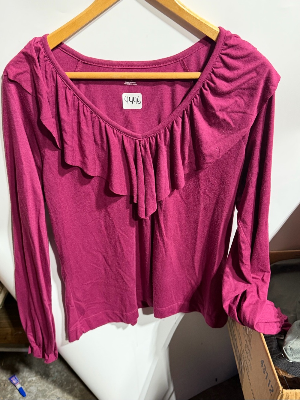 #4446- a.n.a Women's Long Sleeve Ruffle Neck Top - Magenta
